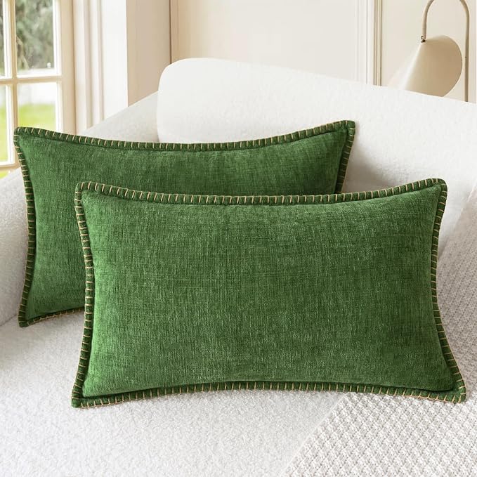 CaliTime Decorative Couch Throw Pillow Covers 20 X 12 Inches Forest Green | Pack of 2, Cozy Chenille Cushion Cases, Cotton Thread Stitching Edges, for Sofa Bed Living Room Farmhouse