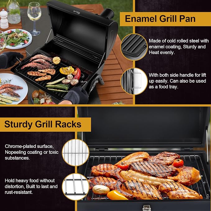 Joyfair Portable Charcoal Grill, Small Outdoor Camping Tabletop BBQ Grills | 2 IN 1 Double-Sided Barbecue Grill with Food Tray & Rack for Home Patio BBQ Grilling, Heavy Duty & Multi-use, (230Sq.in)
