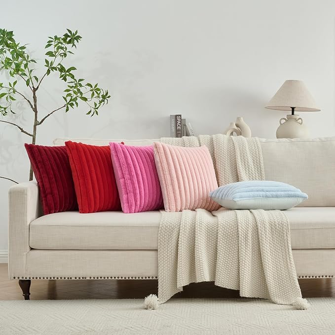 FUTEI Pack of 2 Faux Fur Throw Pillow Covers 12x20 Inch, Light Beige | Fluffy Faux Rabbit Fur Front/Premium Velvet Back,Hidden Zipper,Machine Washable,Non-Shedding,Colorfast,Insert Not Included.