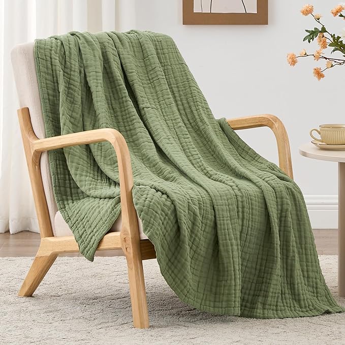 Love's cabin 100% Cotton Muslin Blanket, 6 Layer Lightweight Breathable Gauze Throw Blanket 50 x 60 Inches, Soft All Season Blanket for Couch, Bed, Sofa, Sage Green