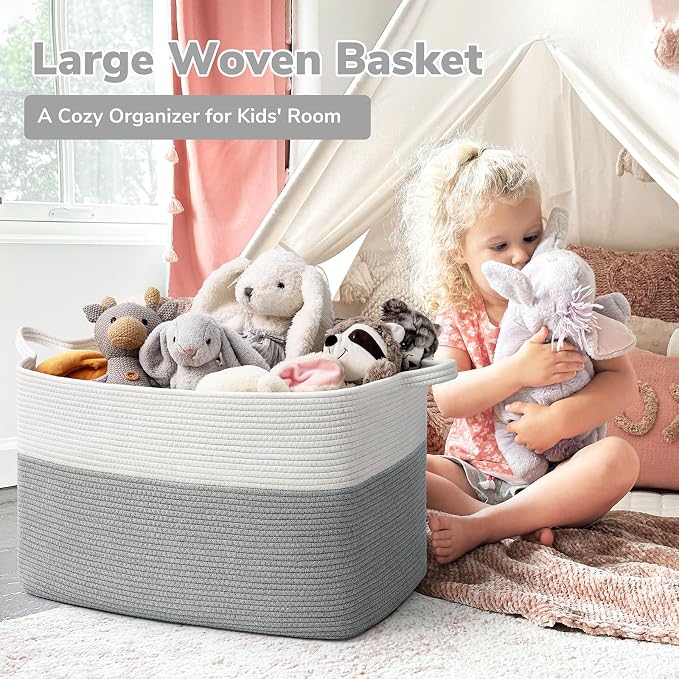Goodpick 85L Large Woven Rope Blanket Basket, Rectangle, White Gray | 23.6'' x 15.7'' x 13.8'' Storage Basket for Blankets & Pillows, Living Room & Bedroom Organization, Reinforced Handles