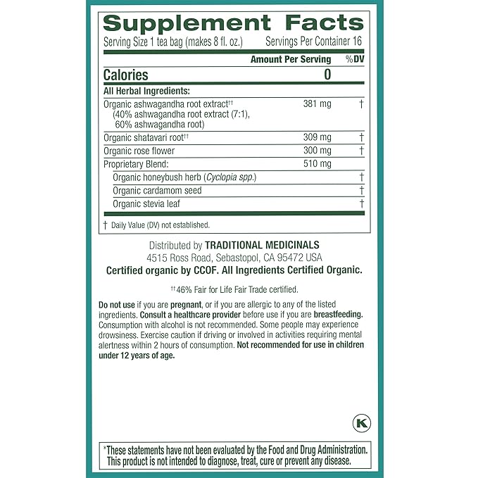 Traditional Medicinals Organic, Stress Ease Calm with Adaptogens, Ashwagandha & Honeybush - Promotes Relaxation - Kosher, Non-GMO, Caffeine-Free, Compostable - 16 Tea Bags