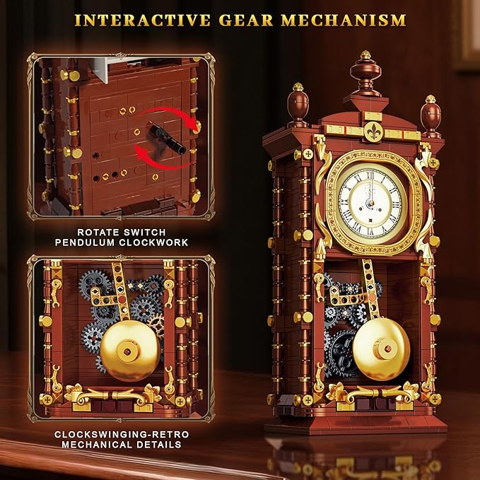 Vintage Retro Swing Clock Building Set, Pendulum Clocks Building Block Toys with Functional Mechanical Model Kit Compatible with Lego, Home Decor Gift for Adults Teens 14+ (751 PCS)