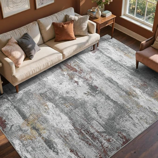 6x9 Ft Large Abstract Area Rugs for Living Room, Soft Non-Slip Modern Washable Rugs Print Pattern Carpet for Bedroom Indoor Floor Nursery Home Decor (Grey/Gold-Brown/Red-Brown)