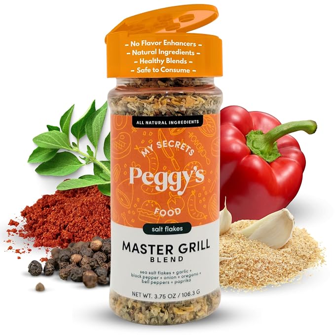 My Secrets Peggy's Food Master Grill Blend - Premium BBQ Seasoning with Sea Salt Flakes, Garlic & Smoked Paprika - Professional Grilling Rub for Steak, Chicken & Veggies - All Natural - 3.75 oz