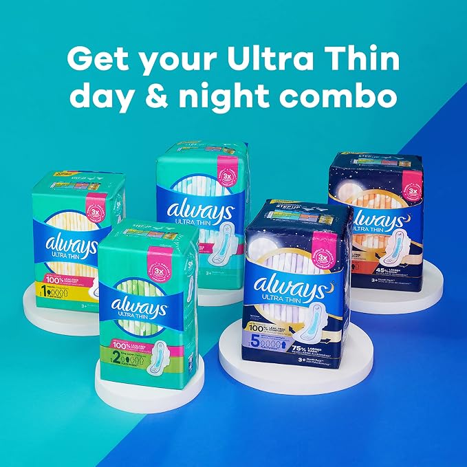 Always Ultra Thin Pads Size 1 Regular Absorbency Unscented with Wings, 10 Count, Packaging may vary
