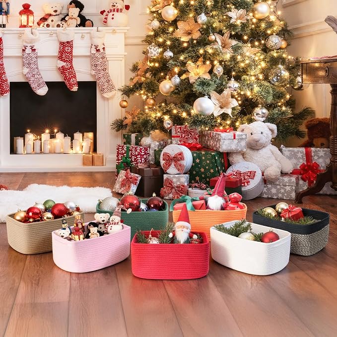 3 Pack Small Storage Baskets for Organizing, 11.8×7.8×5.1", Christmas Red | Woven Baskets for shelves, Cotton Rope Basket for Gifts Empty, Closet Organizer Bins with Handles, Cube Decorative Box