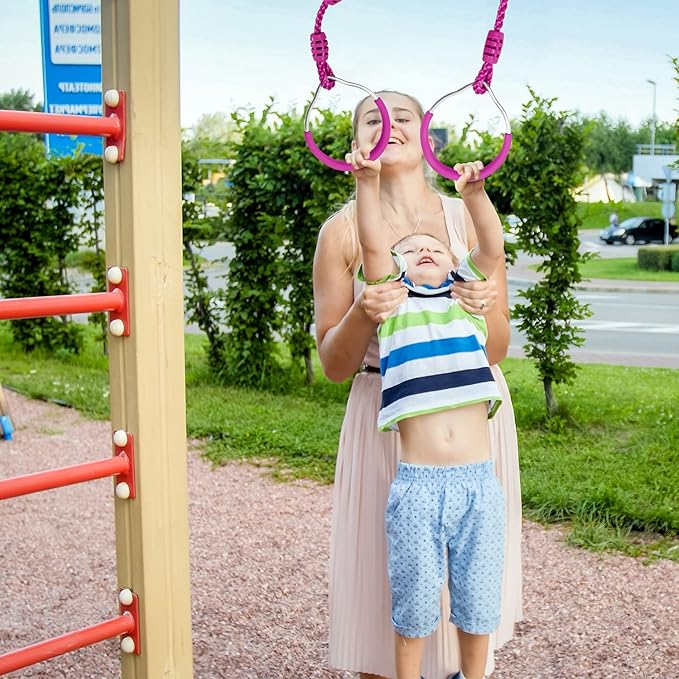 Swing Gymnastic Ring Warrior Obstacle Course Slackline Climb Trapeze Fist Training Equipment, 8 Purple Ninja Monkey Bar Hang Jungle Fist Workout Outdoor Indoor Home Gym Backyard Playground Play Sets