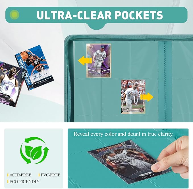 Trading Card Binder 9 Pocket - 180 Cards Capacity, Side Loading Card Album with Zipper Closure, Card Collection Holder for TCG, Game Cards, Sports Cards, Yugioh（Turquoise）
