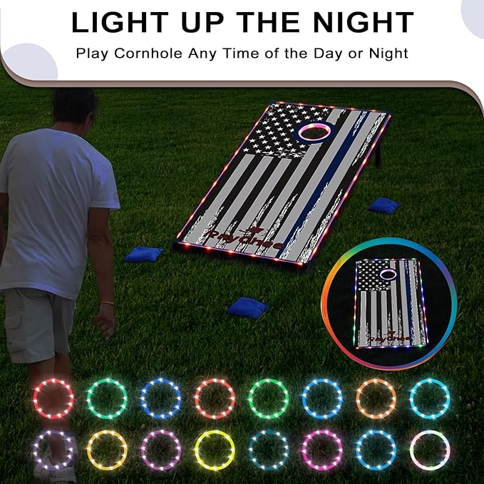LED Cornhole Set, 3 x 2ft / 4 x2 ft Cornhole Board Game Set, Corn Hole Outdoor Game, Multi-Design with Light-Up Border, 8 Bean Bags, Carrying Case for Backyard, Beach, Lawn