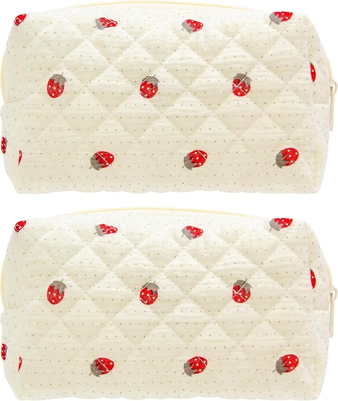 Small Quilted Makeup Bag,Zipper Cosmetic Pouch,Gauze Strawberry,2 Pack | Lightweight Cosmetic Bag Organizer for Women,Purse Storage Holds Makeup,Toiletries,Skincare,Beauty Essentials,Travel Items