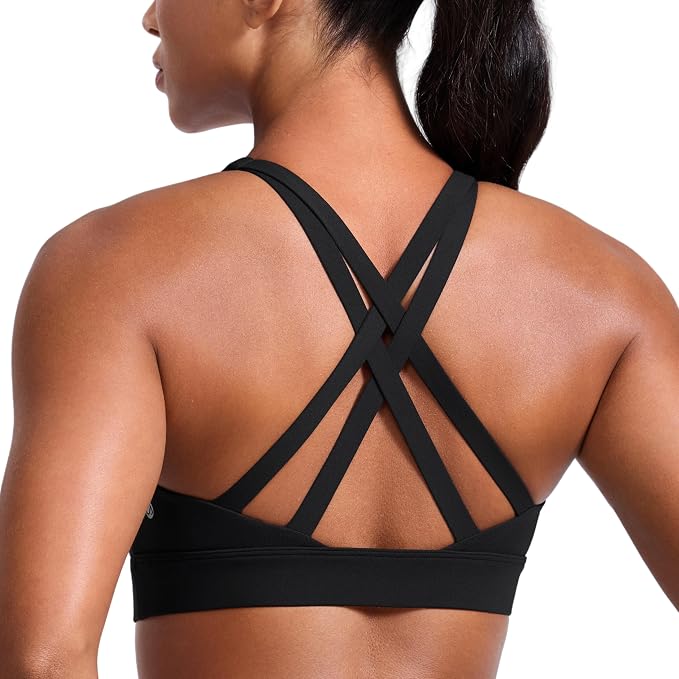 CRZ YOGA Butterlift Wide Criss Cross Straps Supportive Sports Bras for Women - Medium Impact Strappy Gym Padded Workout Top
