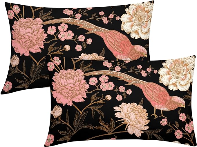 Flowers Birds Leaf Lumbar Pillow Covers 12X20 Inch Set of 2 Pink White Roses Floral Decorative Pillow Cases Art Black Gold Cotton Linen Cushion Case Vintage Home Decor for Sofa Couch Porch Outdoor