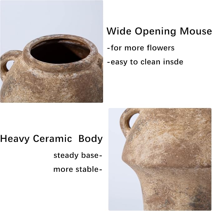 Rustice Vase for Flowers, 7in Decorative Farmhouse Vases for Pampas Grass, Vintage vase for Centerpieces, Terracotta Wide Open Vases with Handle, Unique Ceramic Vase by Lyeec