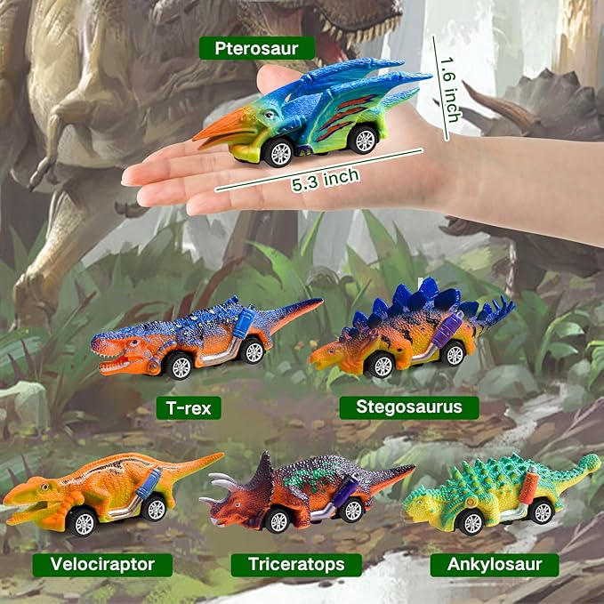 FFTROC Dinosaur Toys for Kids 3-5 Pull Back Cars 6 Pack - Monster Trucks Toys for 3-5 Year Old Boys