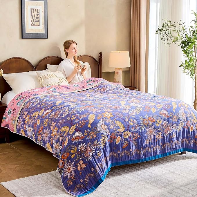 XIBLC Boho Blanket, 100% Cotton Farmhouse Decorative Throw Blanket, 90"x98" Reversible Bohemian Throw Blanket, Purple All Season Muslin Breathable Woven Blankets Quilt