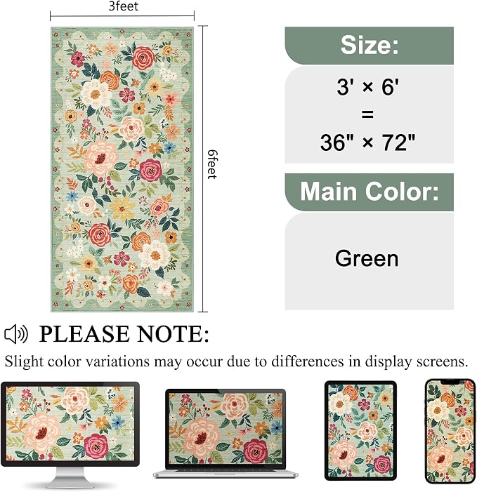 DUKINO 3x6 Runner Rug, Non Slip Floral Washable Rug for Kitchen, Green | Low Pile, Non Shedding, Soft Thin Indoor Rug for Hallway, Bedroom, Bathroom, Entryway, Laundry, Pet Friendly, Home Decor