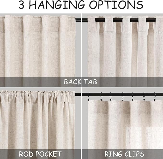 Nanspring Beige Linen Curtains for Kitchen Windows Over Sink Farmhouse Short Semi Sheer Curtains Back Tab and Rod Pocket Rustic Curtain Cortinas para Cocina for Cafe Bathroom,2 Panels 36 x 36