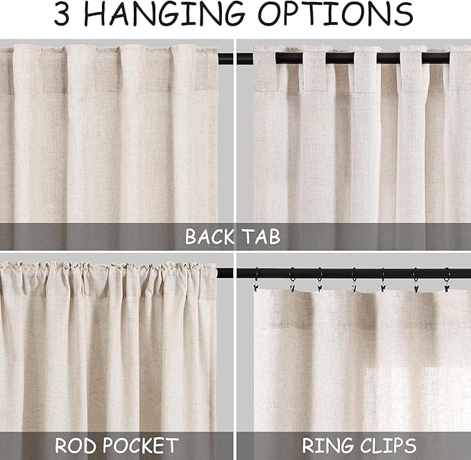 Nanspring 30 Inch Beige Curtains for Kitchen Linen Blend Rustic Farmhouse Short Curtain Back Tab and Rod Pocket Semi Sheer Curtains for Cafe Bathroom Small Window 26 x 30 Inch, 2 Panels
