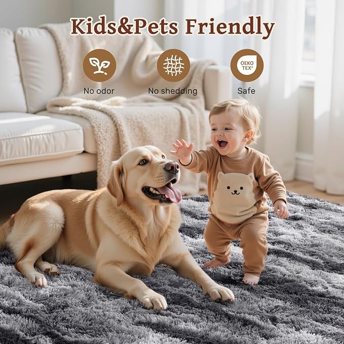 Area Rugs for Living Room 6x9 Feet, Soft Fluffy Shagg Plush Bedroom Rug Non-Slip,Large Carpet for Nursery Kids Dorm Home Decor Black and Silver