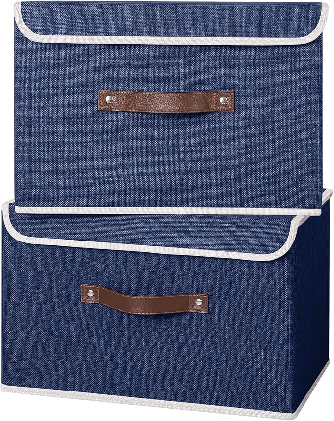 ANMINY Fabric Storage Box Bins with Lids, Blue, 15"x10"x10", 4 Pack | Keepsake Memory Storage, Cotton Linen, PP Board Reinforced, Washable, PU Handles, Foldable & Stackable, Decorative, Large