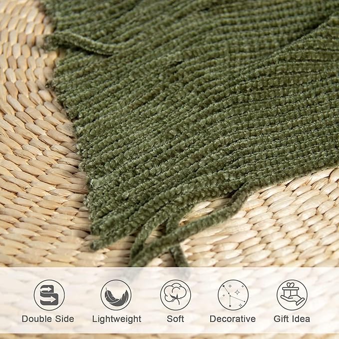 lifein Throw Blanket for Couch, Soft Green Boho Decor Bed Throw,Cozy Knitted Chenille Farmhouse Lightweight Throw(Olive Green,50 * 60")
