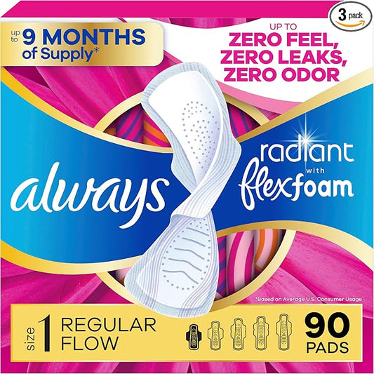 Always Radiant Feminine Pads for Women, Flexfoam Pads with Wings, Size 1, Regular Absorbency, Lightly Scented, 90 Count (3 Packs of 30)