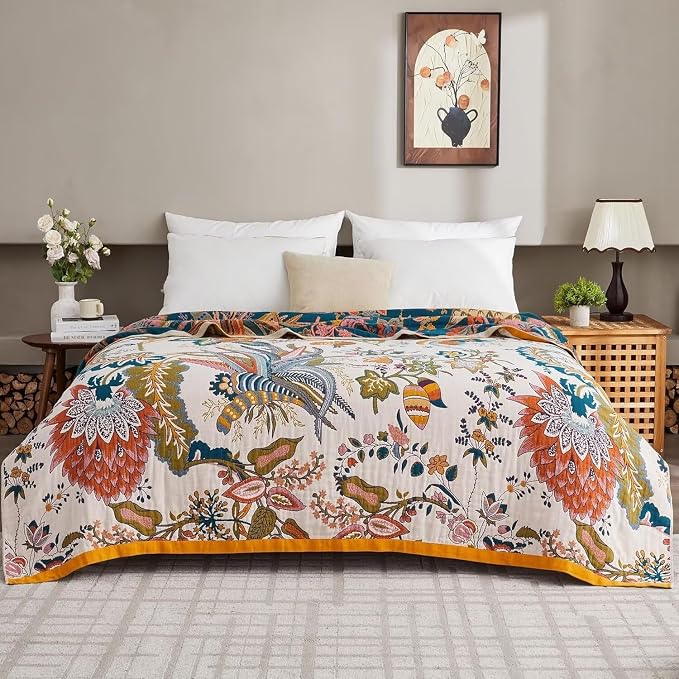 Boho Throw Blanket Farmhouse Decor Throw Blanket Bohemian Blanket for Bed 100% Cotton Muslin Woven Couch Blanket All Seasons Quilt Bedroom (J-Beige, 50"x60")
