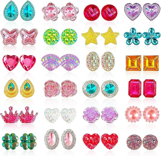 24 Pairs Clip On Earrings Little Girl Party Favor Princess Clip on Earrings Dress Up Pretend Play Earrings for Little Girl Kids Toddlers Jewelry Set