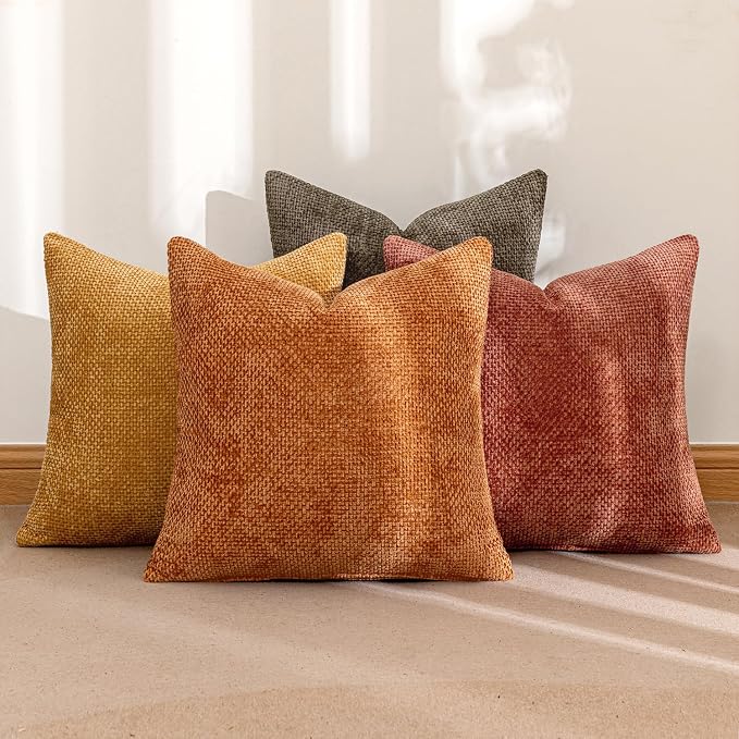 MIULEE Decorative Chenille Fall Pillow Covers Orange Brown 20x20 Pack of 4 | Rustic Decor, Autumn Harvest Orange Collection, Couch Throw Pillows, Farmhouse Boho Cushion Covers for Sofa Bed Living Room