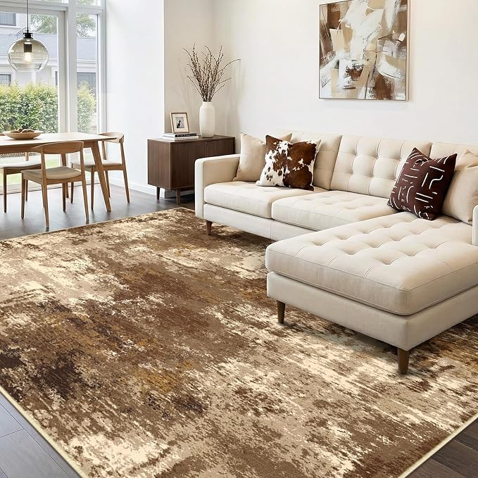 RELEANY Washable 8'x10' Abstract Area Rug for Living Room Brown Tan | carpet for bedroom, kitchen, office, hallway and entryway, printed pattern, non-slip, soft, stain-resistant, easy to clean