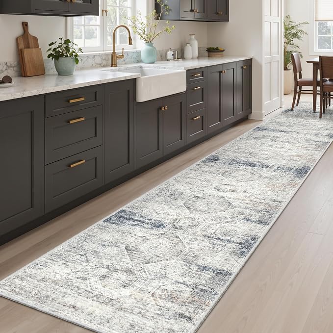 Soalmost Runner Rug 2x12 Washable Hallway Kitchen Runners Blue/Ivory | Non-Slip Vintage Rugs for Bathroom Laundry Room, Soft Low Pile Foldable Floor Carpet Mat for Entryway Corridor Bedroom