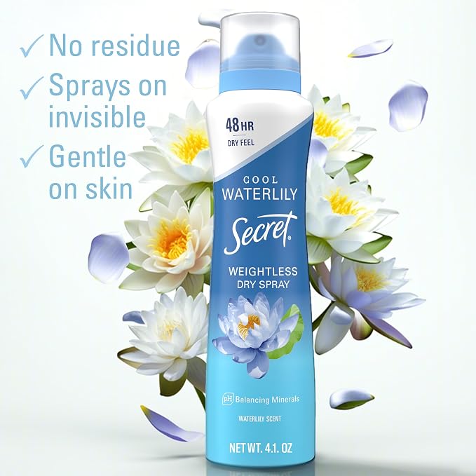 Secret Dry Spray Antiperspirant Deodorant for Women, 48hr Weightless Sweat & Odor Protection, Gentle on Skin, Waterlily & Argan Oil Scent, 4.1 oz (Pack of 3)