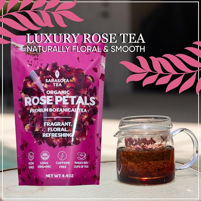 Organic Rose Petals 4.4oz | USDA Organic Dried Rose Petals for Tea, Culinary & Baking | Edible Rose Flowers | Caffeine Free Herbal Tea | Non-GMO | Floral & Aromatic