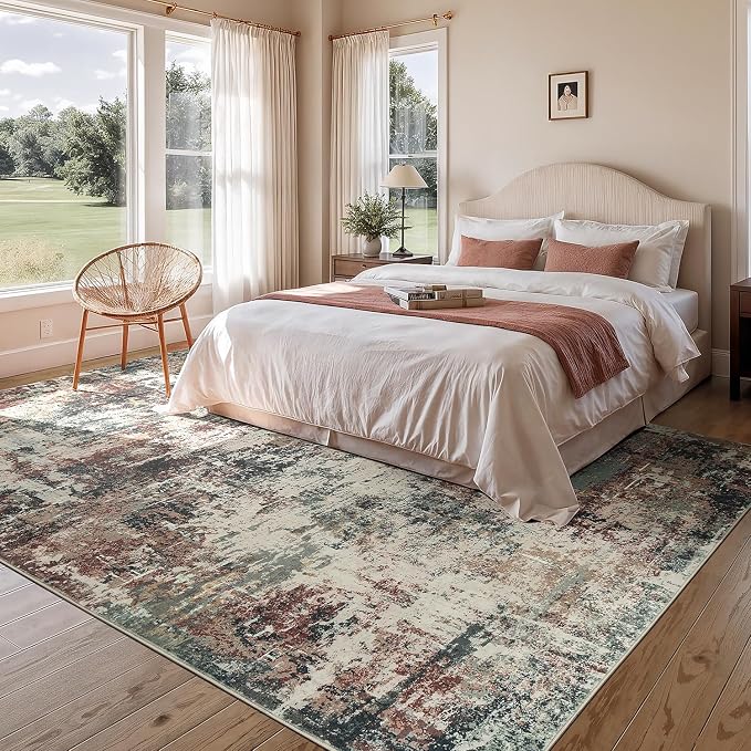 Rugflix 9x12 Area Rugs for Living Room, Washable Rust Brown Green Large Rug | Machine Washable; Stain-Resistant; Low Pile; Non-Slip; Modern Abstract; Carpet for Bedroom Dining Office Nursery Home