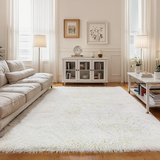 5x8 Cream White Fluffy Shag Rug for Living Room, Plush Carpet | Ivory Area Rug for Bedroom, Kids Nursery, Boys Girls Dorm Room, Washable Shaggy Carpet