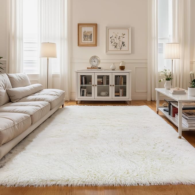 5x7 Cream White Shag Rug for Girls Bedroom, Soft Plush Fluffy Carpet | Ivory Area Rug for Living Room, Kids Nursery, Boys Dorm Room, Washable Non Slip Shaggy Floor Carpet