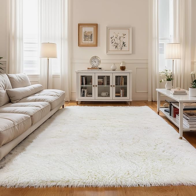 3x5 Cream White Fluffy Shag Rug for Girls Bedroom, Plush Carpet | Area Rug for Living Room, Kids Nursery, Dorm Room, Machine Washable Shaggy Floor Carpet