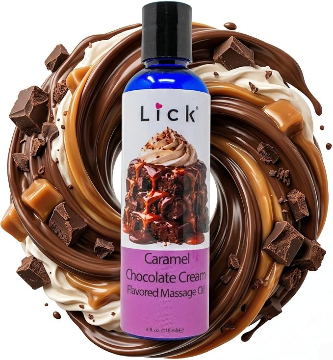 Lick Caramel Chocolate Cream Flavored Massage Oil – Tropical Edible Massage Oil with Sweet Almond Oil & Vitamin E, Hydrating Body-Safe Formula for Relaxing Couples Massage, 4 oz