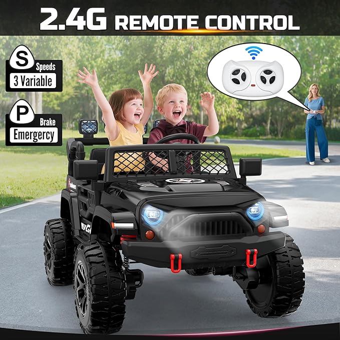 ARBELI 2 Seater Ride On Car for Kids, EVA Tires, 24V 4WD Electric Car w/Remote Control, Bluetooth, LED Lights, Ride On Truck for Boys and Girls Aged 3-8, Black