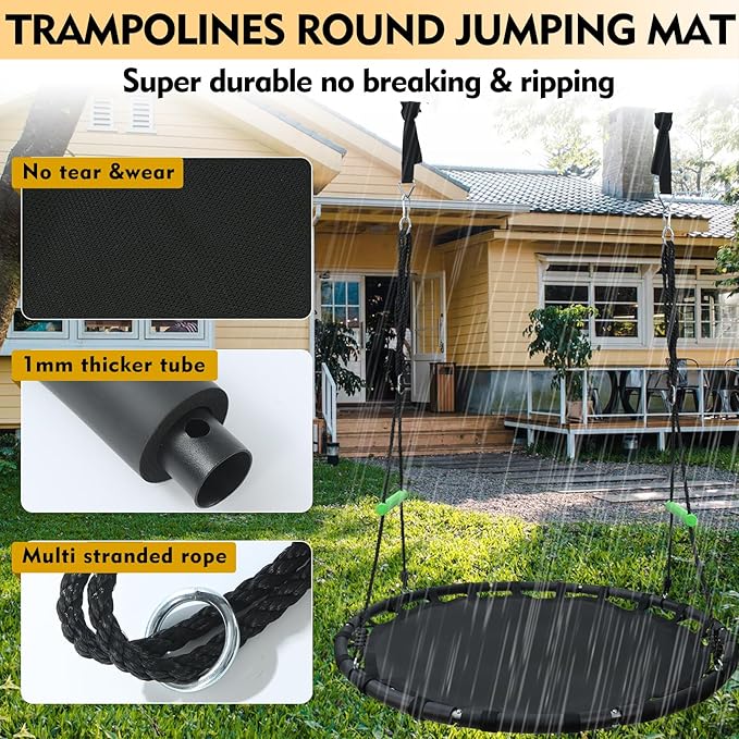 YSEJOMP Black Round Saucer Swing with Handles -Made of Sturdy Frame,PP Mat,Adjustable Multi-Strand Ropes,Safe and Durable for Yard Garden Playground Park (Black+Extra Straps, 48 inches)