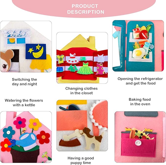Quiet Book for Toddlers - Felt Busy Book with 8 Interactive Scenes Montessori Travel Activity for Kids Ages 3+ (My Small Room)