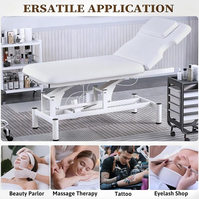Olela 2 Motor Electric Massage Table, Professional Massage Table with Electric Adjustable Height & Backrest, Wide Treatment Tables with Metal Frame, PU Leather for Massage, Spa, Tattoo