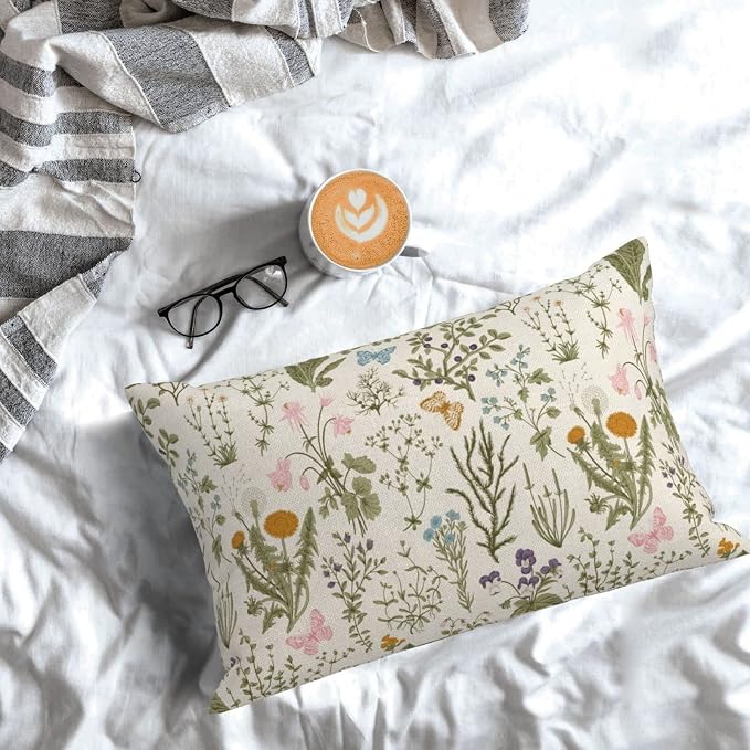 AEIOAE Spring Pillow Covers 12x20 Inch Set of 2,Sage Green Wild Flower Plant Throw Pillows Case,Seasonal Floral Outdoor Decorative Square Linen Farmhouse Decor Cushion Covers for Home Sofa Bed Couch