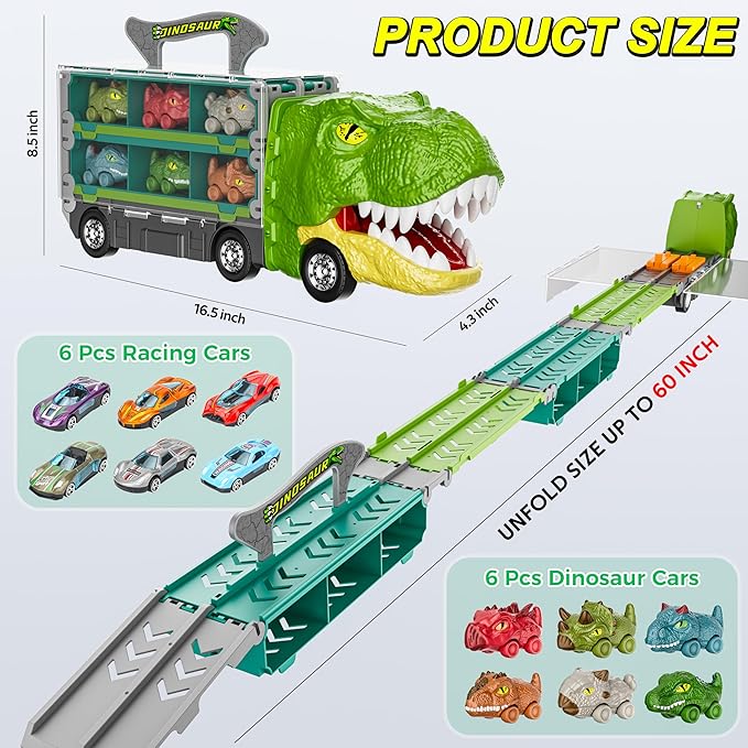 13 in 1 Dinosaur Toys Car for Kids, Dinosaur Transport Truck Track Set, Toddler Boy Toys Age 2-4 1-3, Birthday Gifts Toy for 3 4 5 6+ Year Old Boy,Foldable Track & Race Mode W/ 6 Dino Car & 6 Race Car