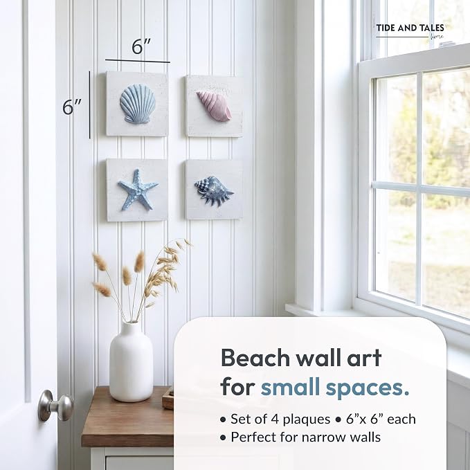 Tide and Tales 3D Seashell Wall Art, Coastal Bathroom Wall Decor, Set of 4 | 6" x 6", Textured 3D Beach Decor, Rustic Ocean Theme Decorations for Home or Beach House, Hanging Ready, Gift Boxed