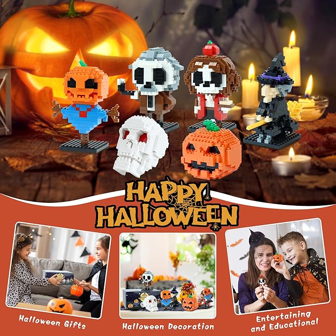 6 Pack Mini Halloween Building Blocks,Halloween Building Toys Set or Kids, Halloween Toy Building Sets, Halloween Mini Building Block Sets for Boys or Girls 8+