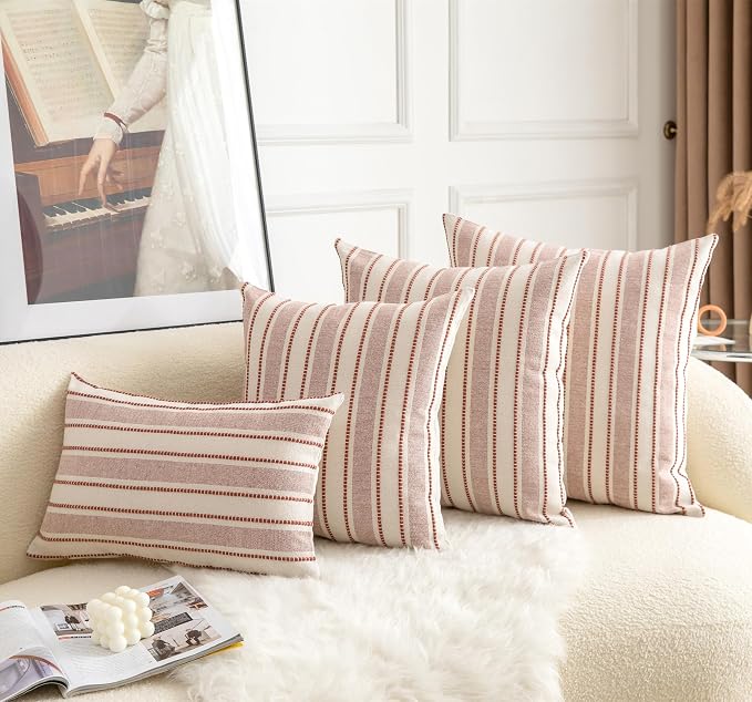 Cethom Decorative Boho Lumbar Throw Pillow Covers, Farmhouse Textured Pillow Case, 12 x 20 Inch Set of 2, Chair Sofa Bedroom Living Room Home Decor Couch Cushion Case, Rust and Beige Striped