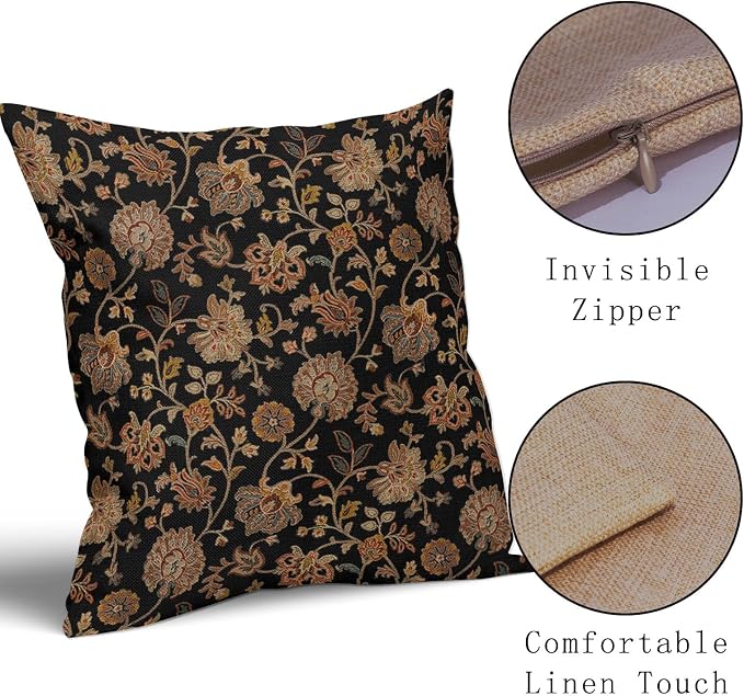 Black Brown Floral Pillow Covers 24X24 Inch Set of 2 Vintage Boho Carpet Flowers Decorative Pillow Cases Leaves Plant Cotton Linen Cushion Case Farmhouse Home Decor for Sofa Couch Living Room