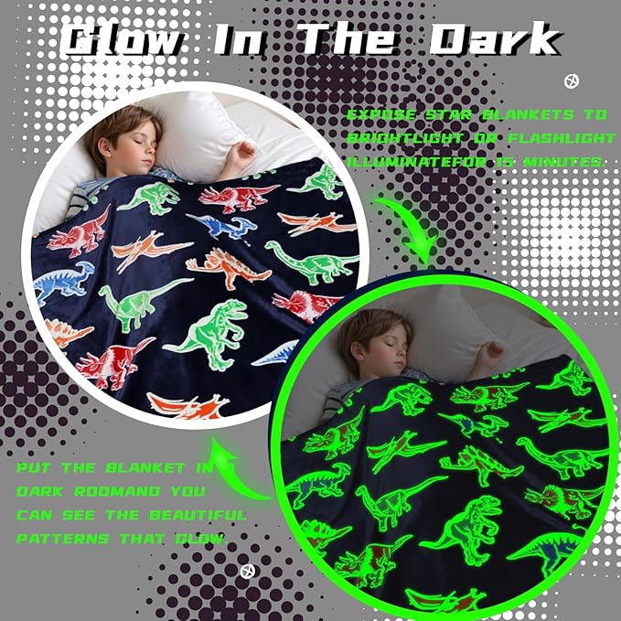 BORORO Dinosaur Blanket for Boys Girls-Soft Dino Glow in The Dark Blankets-Kids Dinosaur Toys Gifts for Boy Girl 60x80 Inch